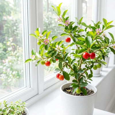 Barbados Cherry Tree Live Plan, Live Barbados Cherry Plant, 4 Inc Pot, 4-7 Inc Tall, Sweet Cherries for Edible Garden
