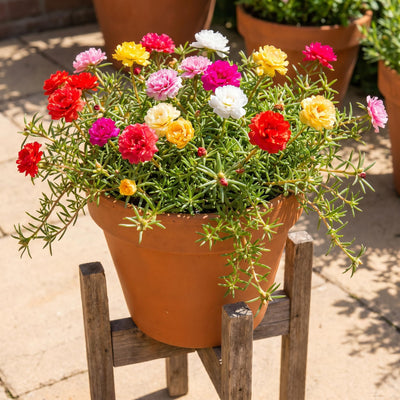 3 Moss Rose Plants Live in 4'' Pot, Random Color Portulaca Flowers for Patio Pots, Garden Borders and Containers, 4-7 Inch Tall