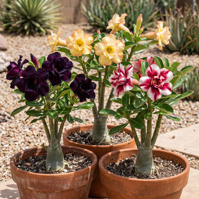 3 Mixed Desert Rose Live Plants 4-6” Tall, Rare Adenium Obesum, Indoor Outdoor Flowering Houseplants